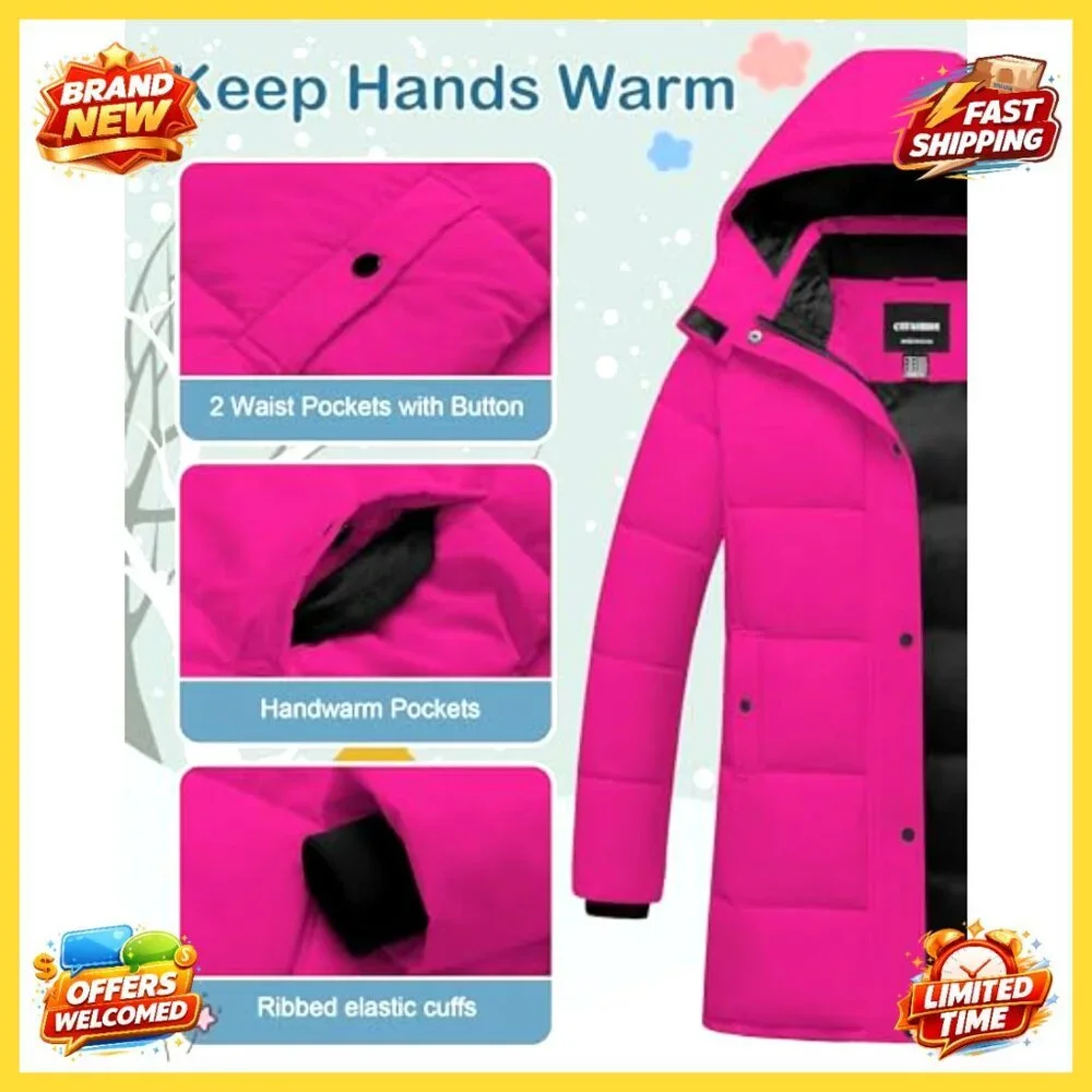 Girls Winter Puffer Jacket Waterproof Hooded Ski Coat Warm Fleece Lined